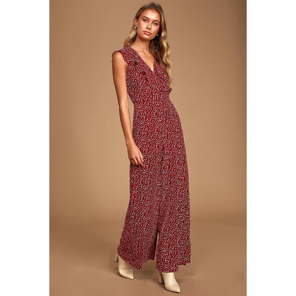 Lulus Fondest Memories Wine Red Polka Dot Sleeveless Ruffled Jumpsuit Size Med
